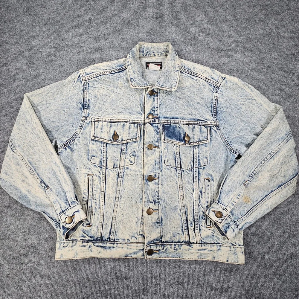 VTG Electricity Acid Wash Denim Trucker Jacket Mens M Blue 80s 90s Eberle Button